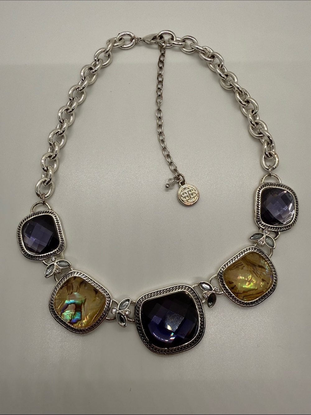 Statement Silver Necklace with Purple and Gold Gemstones by Bill Blass